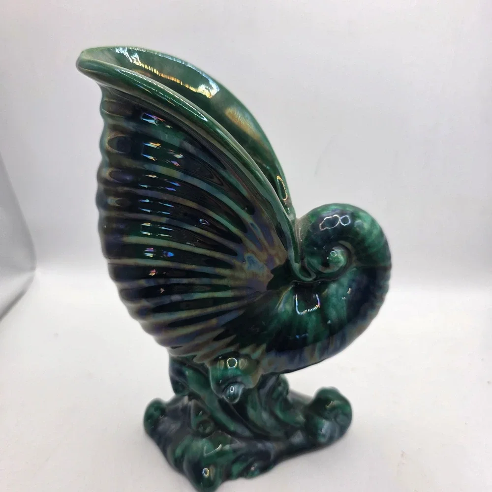 Vintage Iridescent Green Nautilus Shell Vase Ceramic Luster Coastal Art Pottery